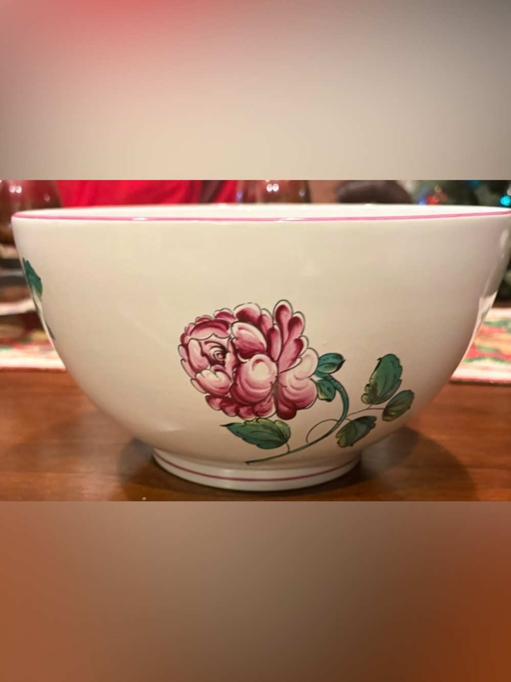 Tiffany & Co. White Porcelain Bowl with Pink Floral Motif and Green Leaves